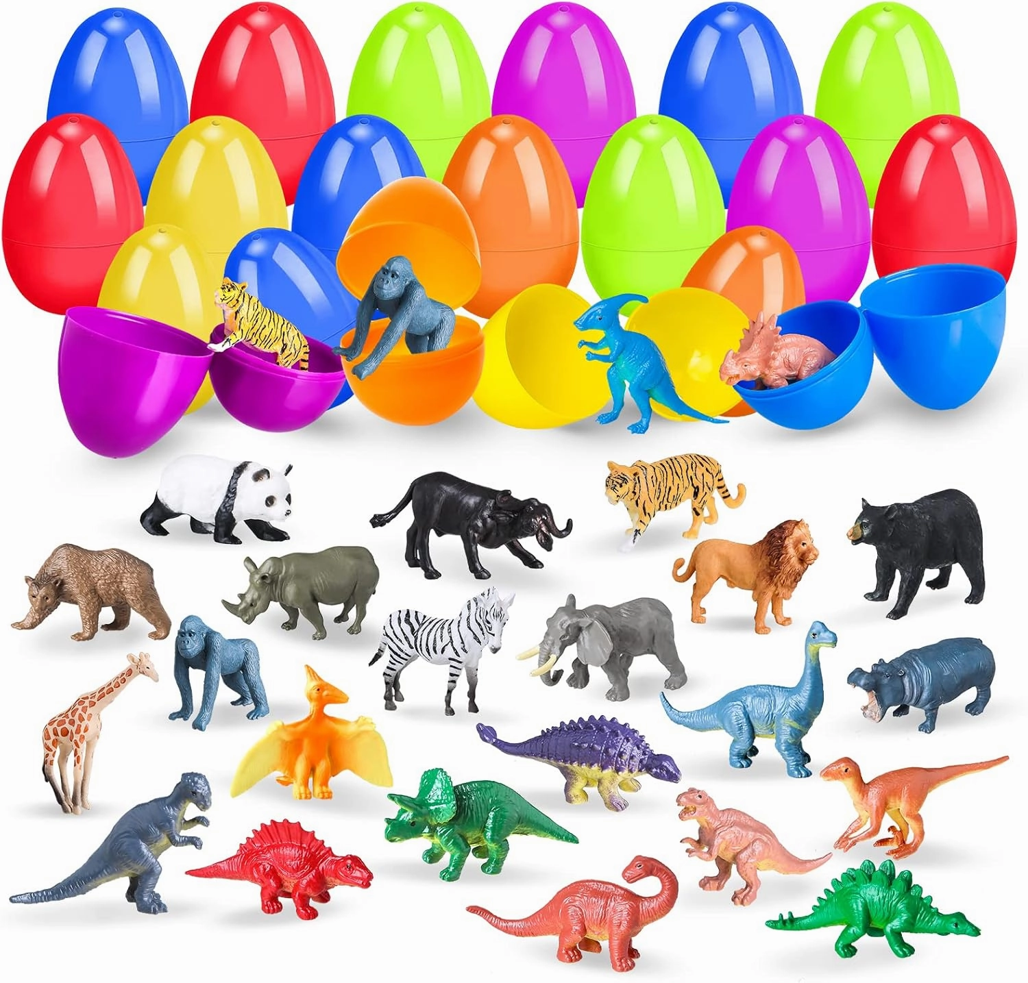 24 Pack Prefilled Easter Eggs with Animal Dinosaur Figures for Easter Eggs Hunt, Easter Basket Stuffers Fillers, Easter Party Favors for Kids,Easter Basket Essentials, Easter Gifts for kids