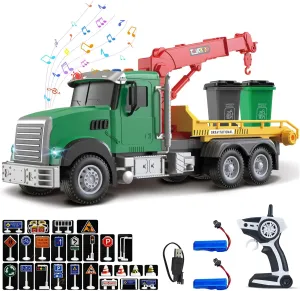 2.4GHz Remote Control Garbage Truck – RC Trash Truck with 2 Loader Trash Cans, 4 Channel Recycling Truck, Lights & Sounds, 2 Batteries, 28PCS Traffic Signs – Educational Toy Gift for Kids Ages 3-8
