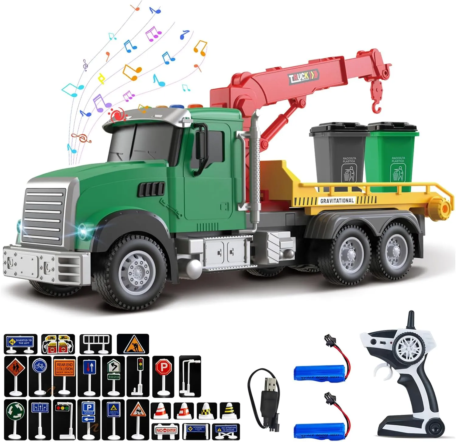 2.4GHz Remote Control Garbage Truck – RC Trash Truck with 2 Loader Trash Cans, 4 Channel Recycling Truck, Lights & Sounds, 2 Batteries, 28PCS Traffic Signs – Educational Toy Gift for Kids Ages 3-8