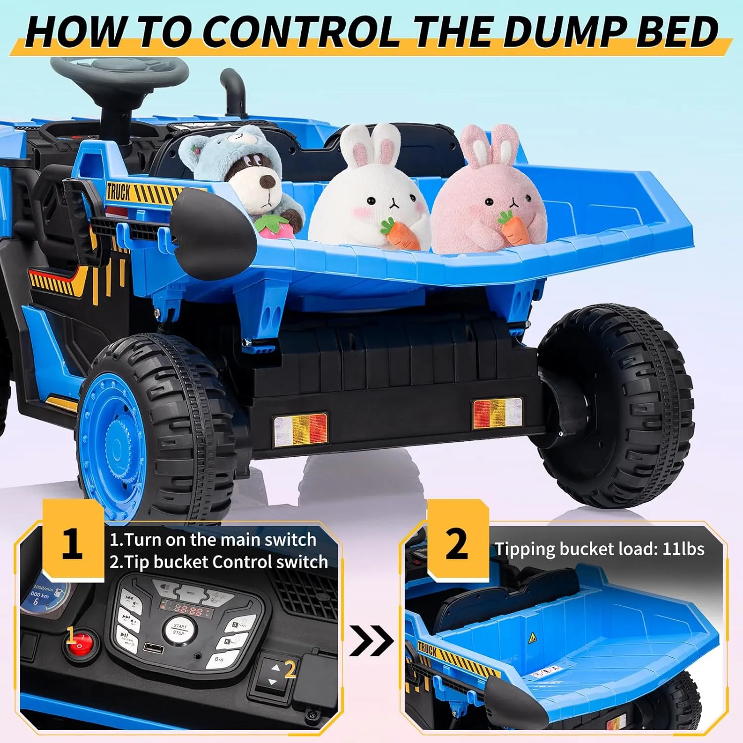 24V 2 Seater Ride On Dump Truck With Remote Control, Electric Dump Bed and Extra Shovel, 2WD/4WD Car Toy for Kids With Music Player, Up to 4.35Mph, Blue