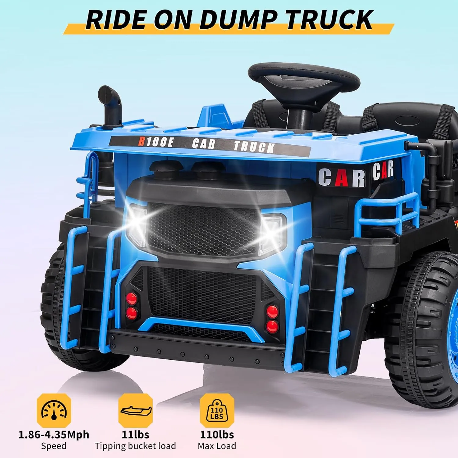 24V 2 Seater Ride On Dump Truck With Remote Control, Electric Dump Bed and Extra Shovel, 2WD/4WD Car Toy for Kids With Music Player, Up to 4.35Mph, Blue