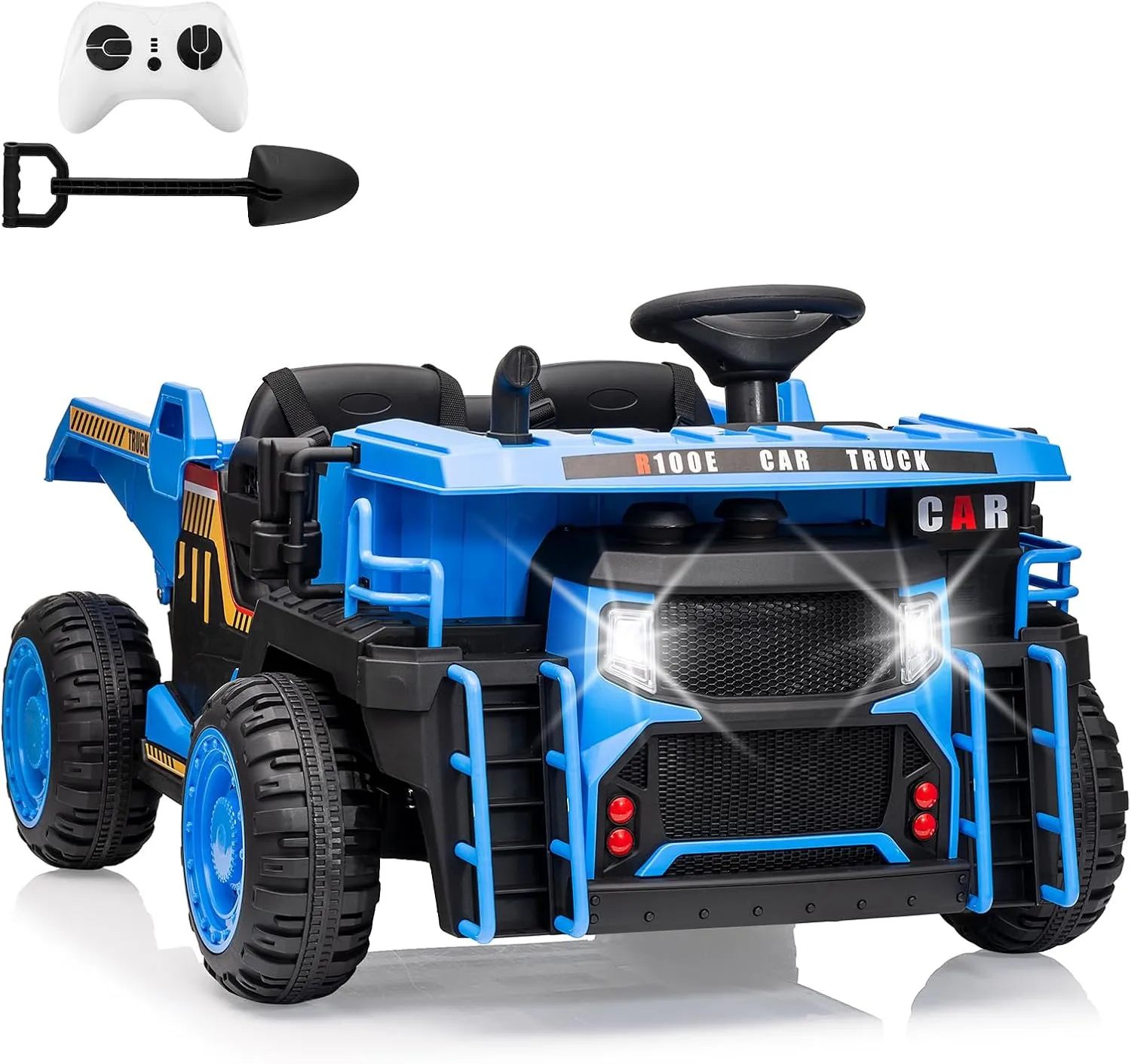 24V 2 Seater Ride On Dump Truck With Remote Control, Electric Dump Bed and Extra Shovel, 2WD/4WD Car Toy for Kids With Music Player, Up to 4.35Mph, Blue