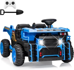 24V 2 Seater Ride On Dump Truck With Remote Control, Electric Dump Bed and Extra Shovel, 2WD/4WD Car Toy for Kids With Music Player, Up to 4.35Mph, Blue