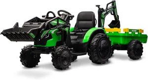 24V 3 in 1 Kids Ride on Tractor, Excavator & Bulldozer, Electric Vehicle w/Trailer, Digger, Shovel Bucket, Remote Control, EVA Tires, LED Lights, Music & USB, Ride on Car Toy, Green