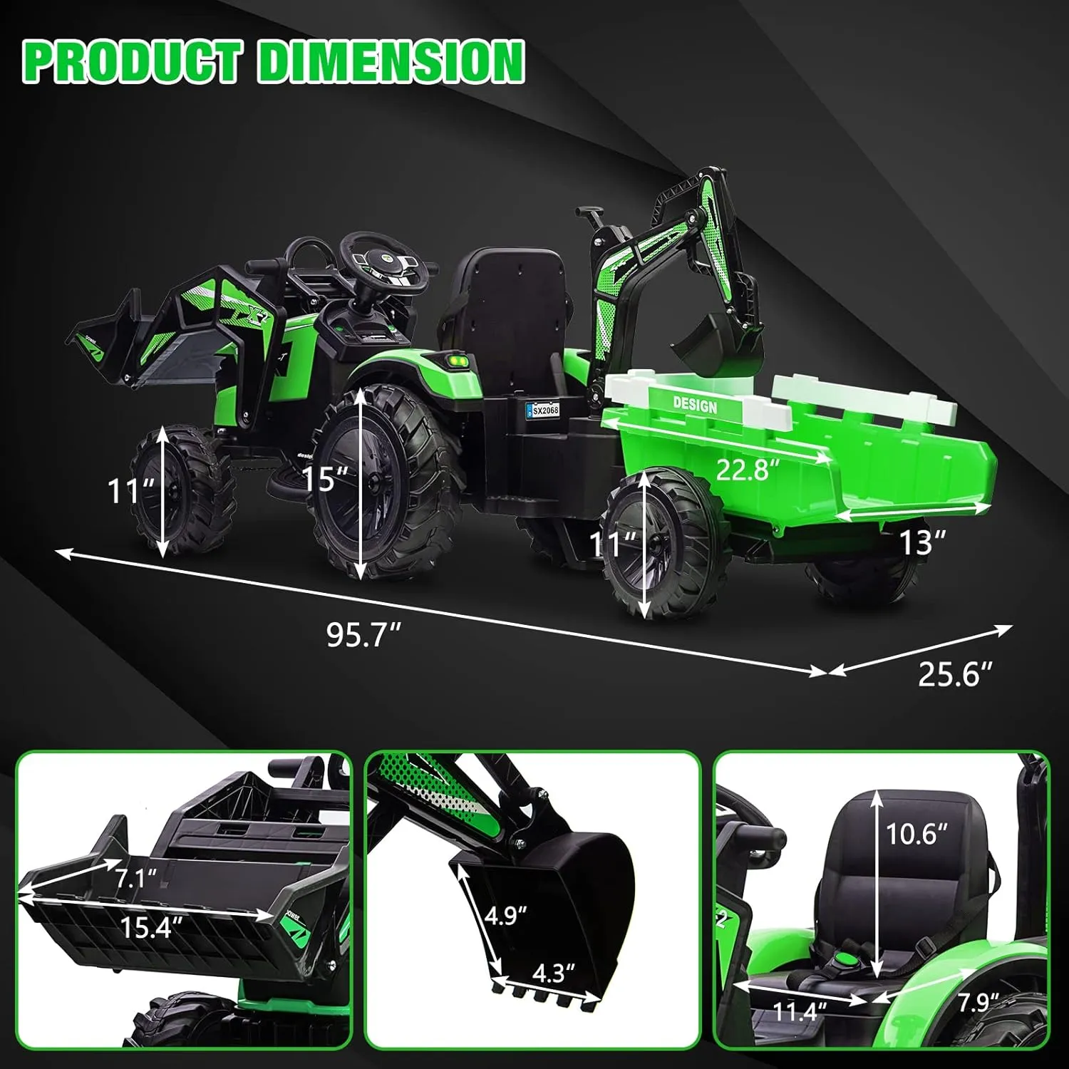 24V 3 in 1 Kids Ride on Tractor, Excavator & Bulldozer, Electric Vehicle w/Trailer, Digger, Shovel Bucket, Remote Control, EVA Tires, LED Lights, Music & USB, Ride on Car Toy, Green