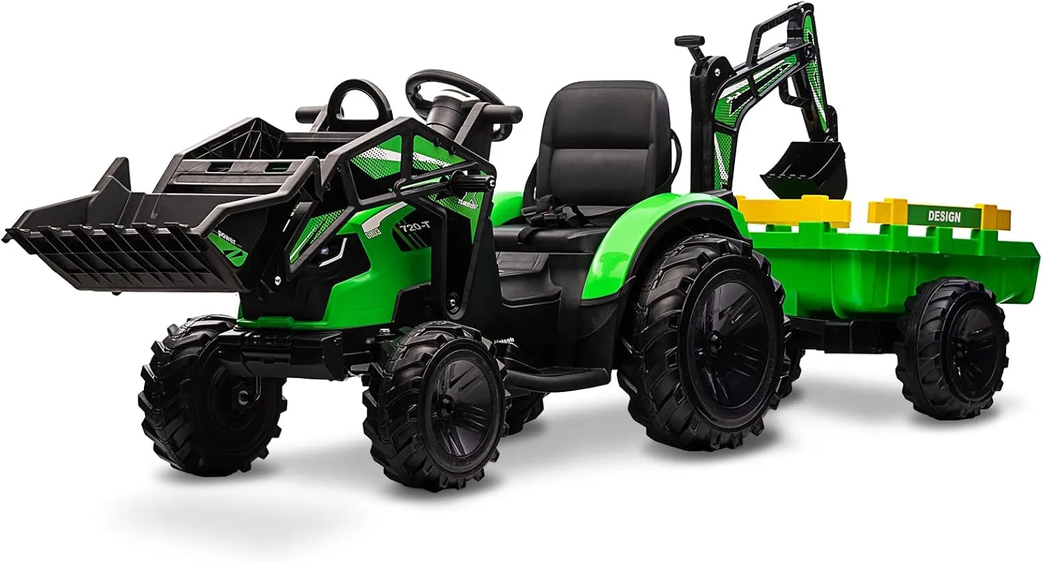 24V 3 in 1 Kids Ride on Tractor, Excavator & Bulldozer, Electric Vehicle w/Trailer, Digger, Shovel Bucket, Remote Control, EVA Tires, LED Lights, Music & USB, Ride on Car Toy, Green