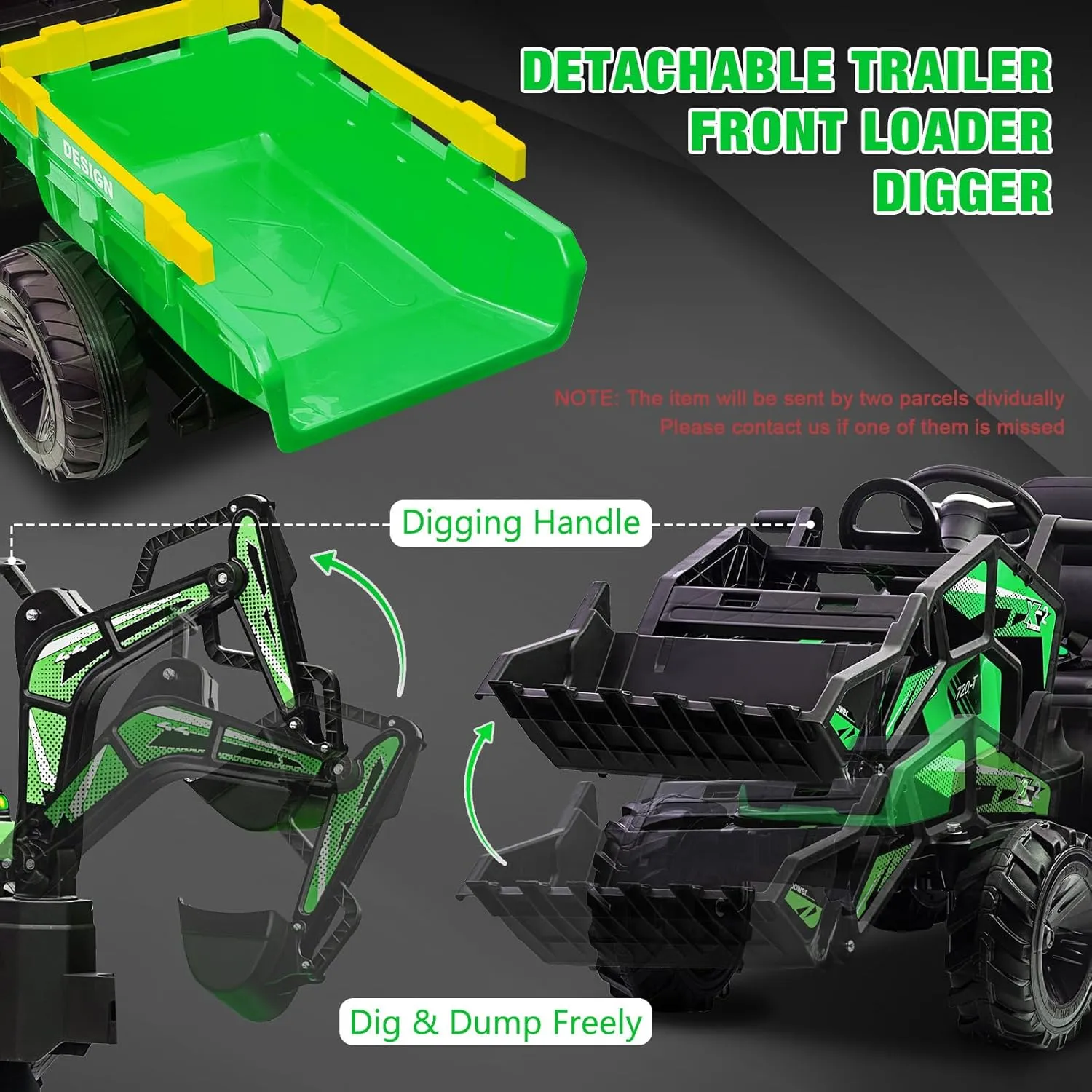 24V 3 in 1 Kids Ride on Tractor, Excavator & Bulldozer, Electric Vehicle w/Trailer, Digger, Shovel Bucket, Remote Control, EVA Tires, LED Lights, Music & USB, Ride on Car Toy, Green