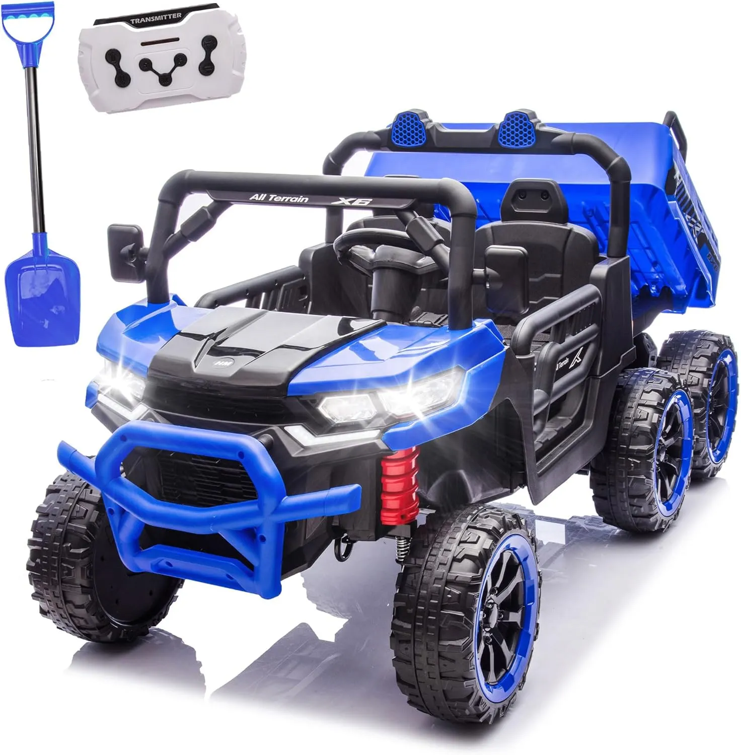 24V Ride On Toys for Big Kids, 4WD 6X6 2 Seater Ride On Dump Truck with Remote Control, 20inch Seat, 3 Speeds, High Efficiency Battery, 4X100 Motors, Music, Ride On Car for Boys Girls, Blue