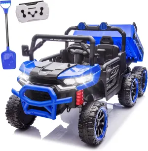 24V Ride On Toys for Big Kids, 4WD 6X6 2 Seater Ride On Dump Truck with Remote Control, 20inch Seat, 3 Speeds, High Efficiency Battery, 4X100 Motors, Music, Ride On Car for Boys Girls, Blue