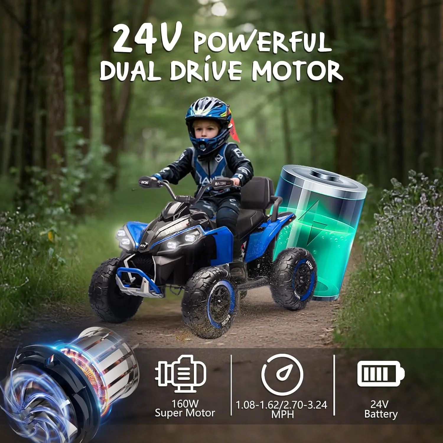 24V XL Kids ATV 4 Wheeler W/Parents Control, 24V Electric ATV Ride On Toy for Big Kids with 2 Seater, Bluetooth, MP3, USB, DIY Stickers, Power Display, English Storytelling Function, Blue