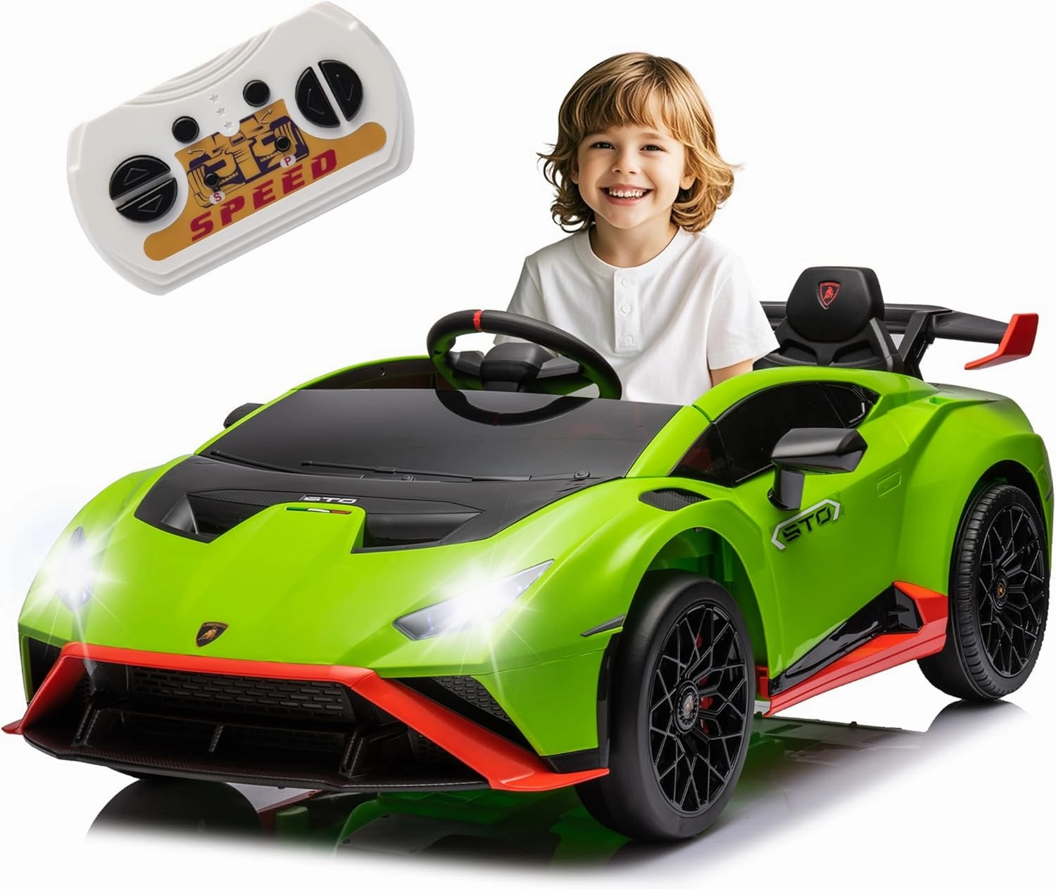 24V Lamborghini STO Kids Electric Ride On Drift Car, Ride on Toys Lambo Sports Car with Remote Control, 1.86-5.59 MPH Speeds, Drift Mode, Dynamic Music, LED Lights, USB Port, 360° Spin, for Ages 3-8