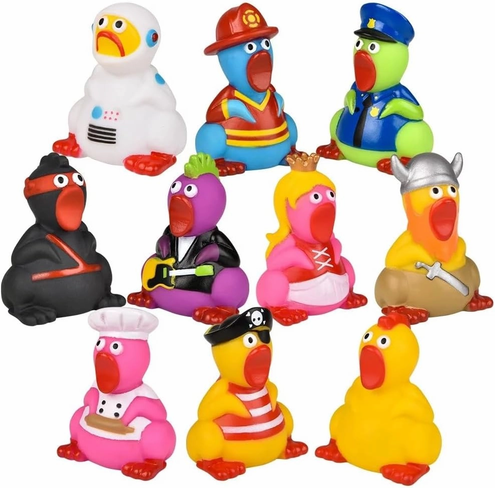 2" Rubber Screaming Chicken Assortment (50 Pack) Non Squeaky. Dressed in All Different Occupation: Ninja, Rock Star, Princess, Knight, Pirate, Astronaut, and More! (50 Pack)