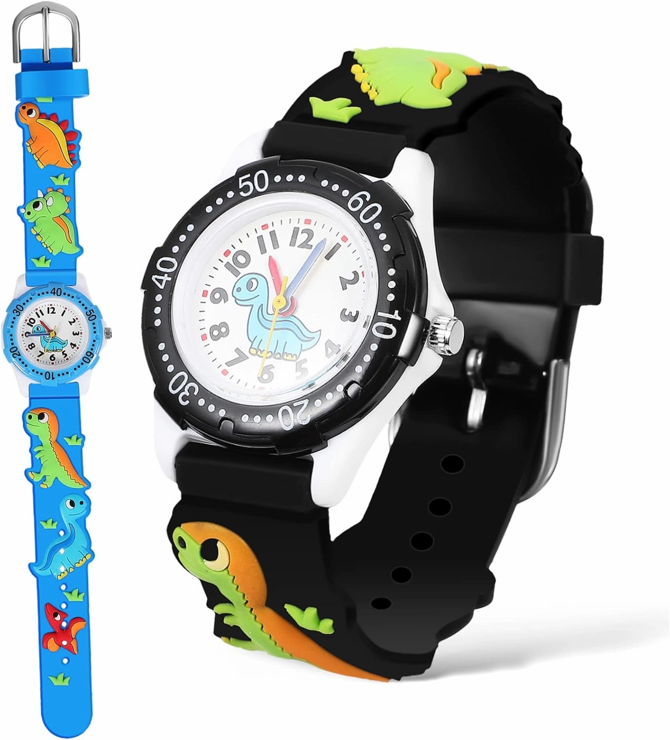 2Pcs Watches Cartoon Dinosaur Design Comfortable Strap Boys and Teaching with Arabic Numerals