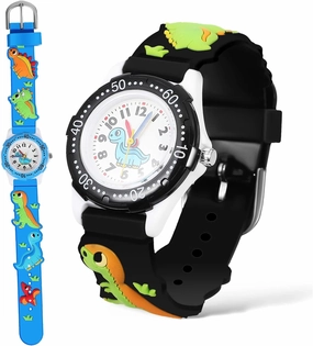 2Pcs Watches Cartoon Dinosaur Design Comfortable Strap Boys and Teaching with Arabic Numerals