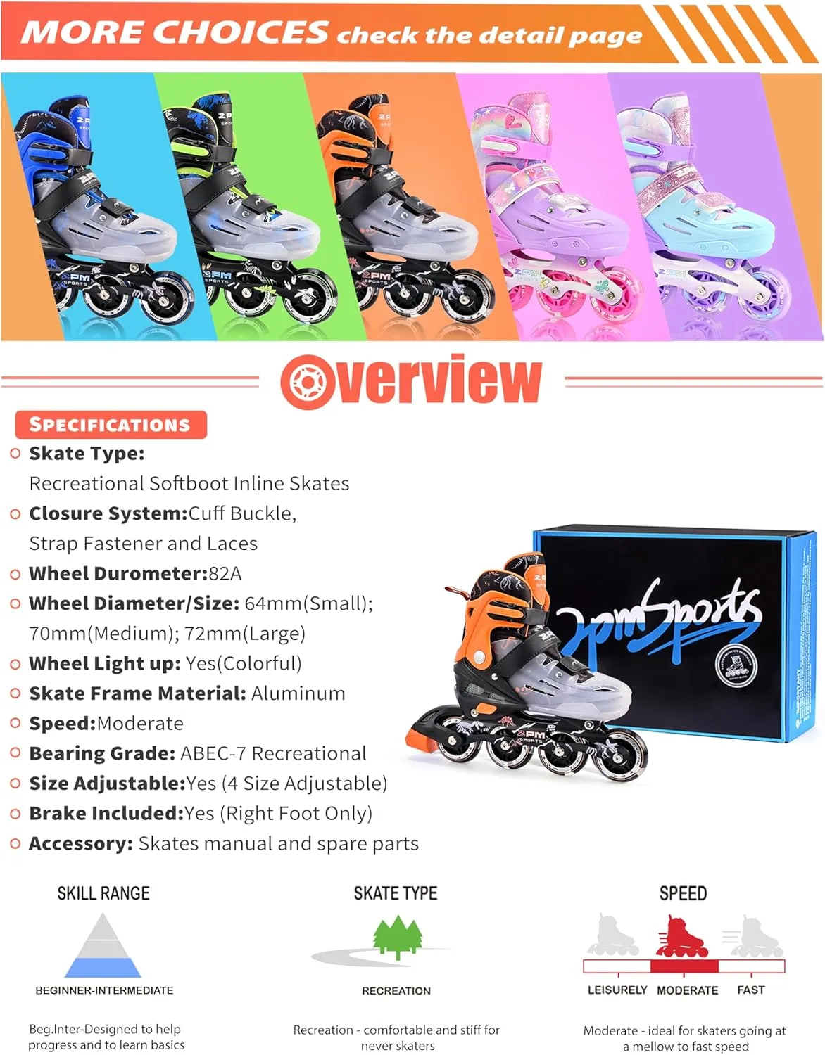 2PM SPORTS Inline Skates for Kids Girls Boys Ages 5-8 8-12 3-5 4-6 6-12 with Light Up Wheels, Adjustable Kids Roller Skates Blades for Beginner Youth Indoor Outdoor Size 11C 1 2 3 4 5 6 7 8
