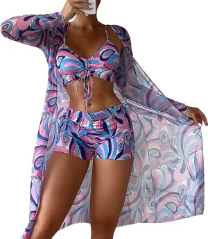 3 Piece Women's Swimsuit, Sexy Floral Printed Push Up Bikini Set with Kimono Cover Ups, High Waist Beach Wear