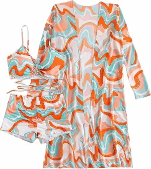 3 Piece Women's Swimsuit, Sexy Floral Printed Push Up Bikini Set with Kimono Cover Ups, High Waist Beach Wear
