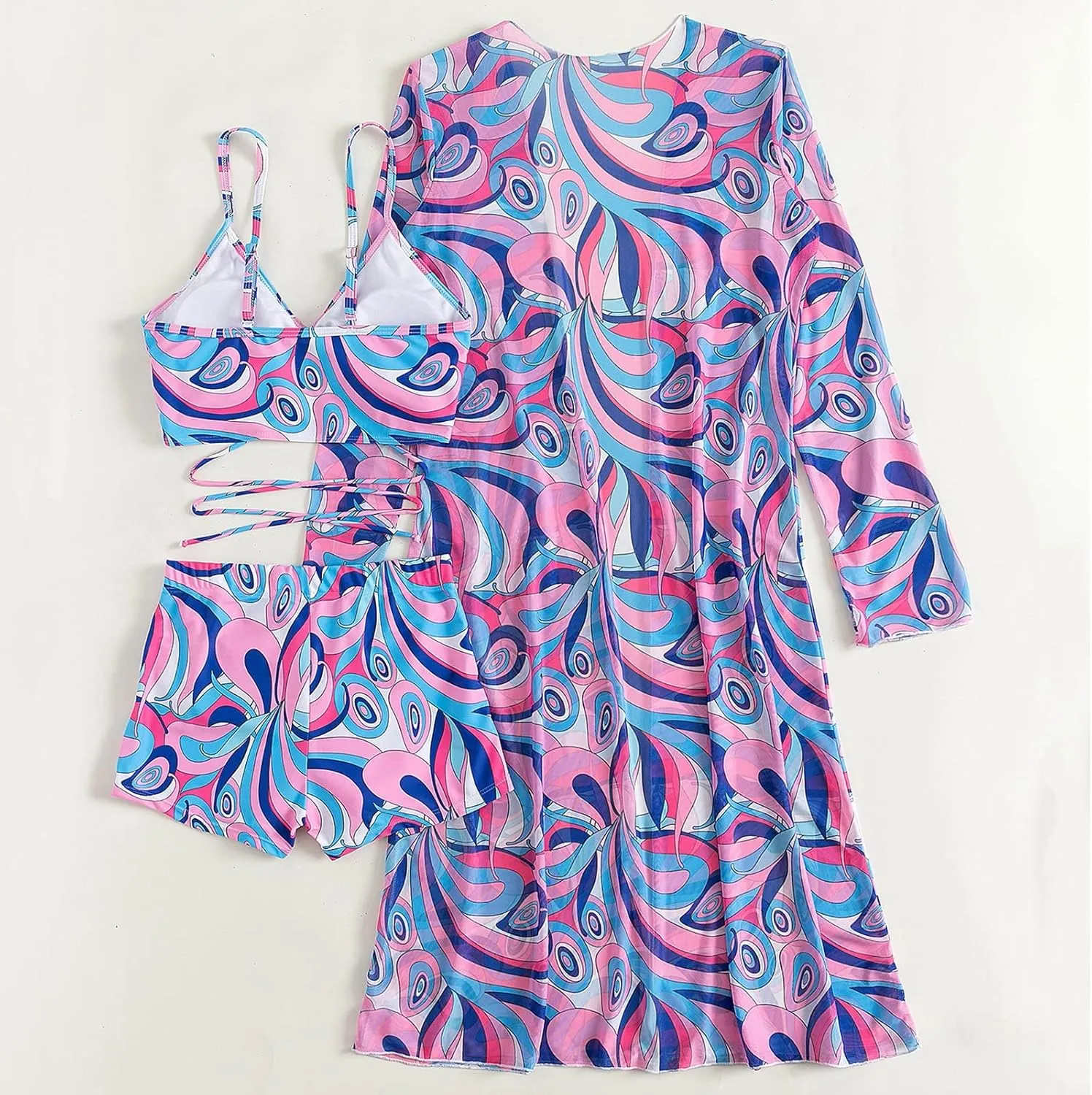 3 Piece Women's Swimsuit, Sexy Floral Printed Push Up Bikini Set with Kimono Cover Ups, High Waist Beach Wear