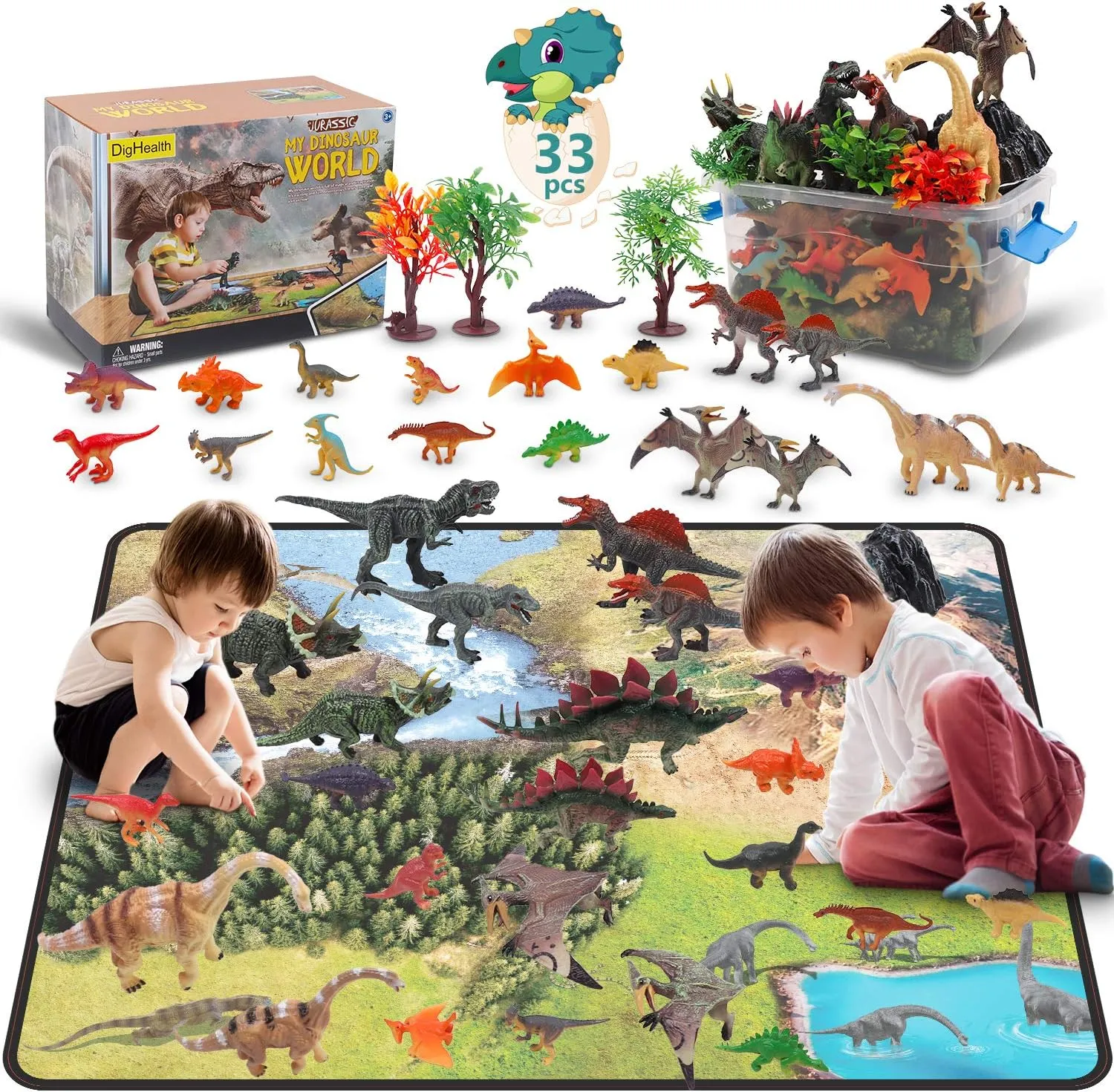 33 Pcs Dinosaur Toy Playset with Activity Play Mat, Realistic Dinosaur Figures, Trees, Rockery to Create a Dino World Including T-Rex, Triceratops, Pterosauria for Kids, Boys & Girls