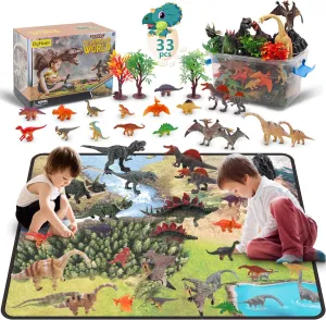 33 Pcs Dinosaur Toy Playset with Activity Play Mat, Realistic Dinosaur Figures, Trees, Rockery to Create a Dino World Including T-Rex, Triceratops, Pterosauria for Kids, Boys & Girls