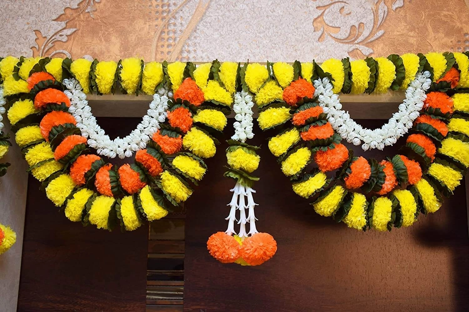 39 Inch (100 cm) Artificial Marigold Fluffy Yellow & Dark Orange Toran W Design for Main Door Entry Way Decor