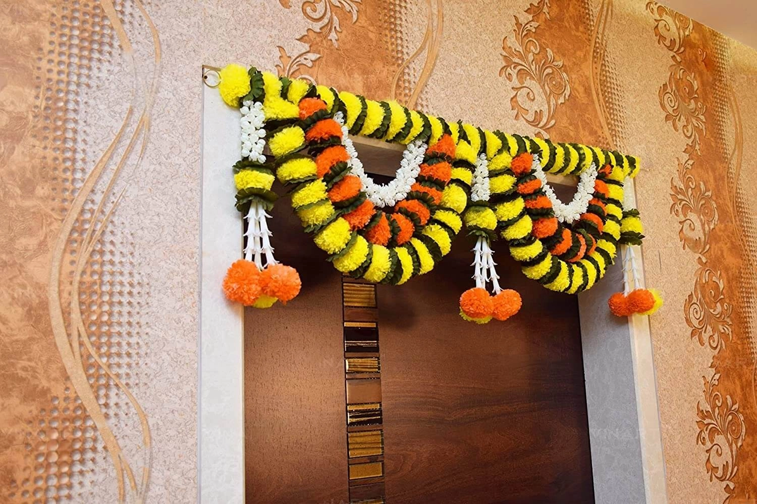 39 Inch (100 cm) Artificial Marigold Fluffy Yellow & Dark Orange Toran W Design for Main Door Entry Way Decor