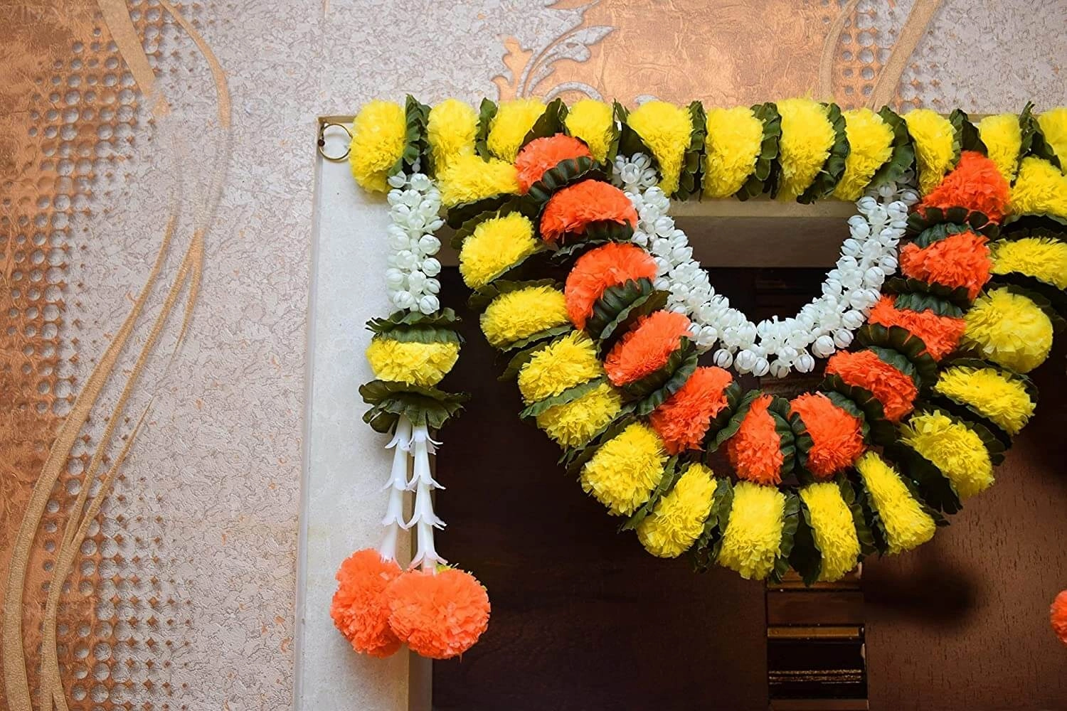 39 Inch (100 cm) Artificial Marigold Fluffy Yellow & Dark Orange Toran W Design for Main Door Entry Way Decor