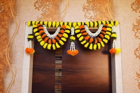 39 Inch (100 cm) Artificial Marigold Fluffy Yellow & Dark Orange Toran W Design for Main Door Entry Way Decor