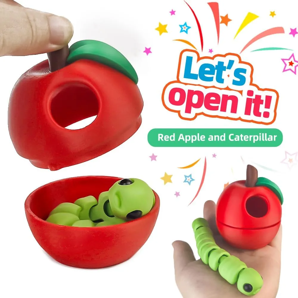 3D Printed Apple Container with Worm Flexi Inside,3D Printed Animals Toys,STEM Educational Toy for Nature Learning,Fun Sensory Fidget Toy for Kids, Unique Fun Decoration (Red)