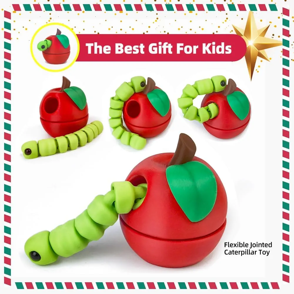 3D Printed Apple Container with Worm Flexi Inside,3D Printed Animals Toys,STEM Educational Toy for Nature Learning,Fun Sensory Fidget Toy for Kids, Unique Fun Decoration (Red)