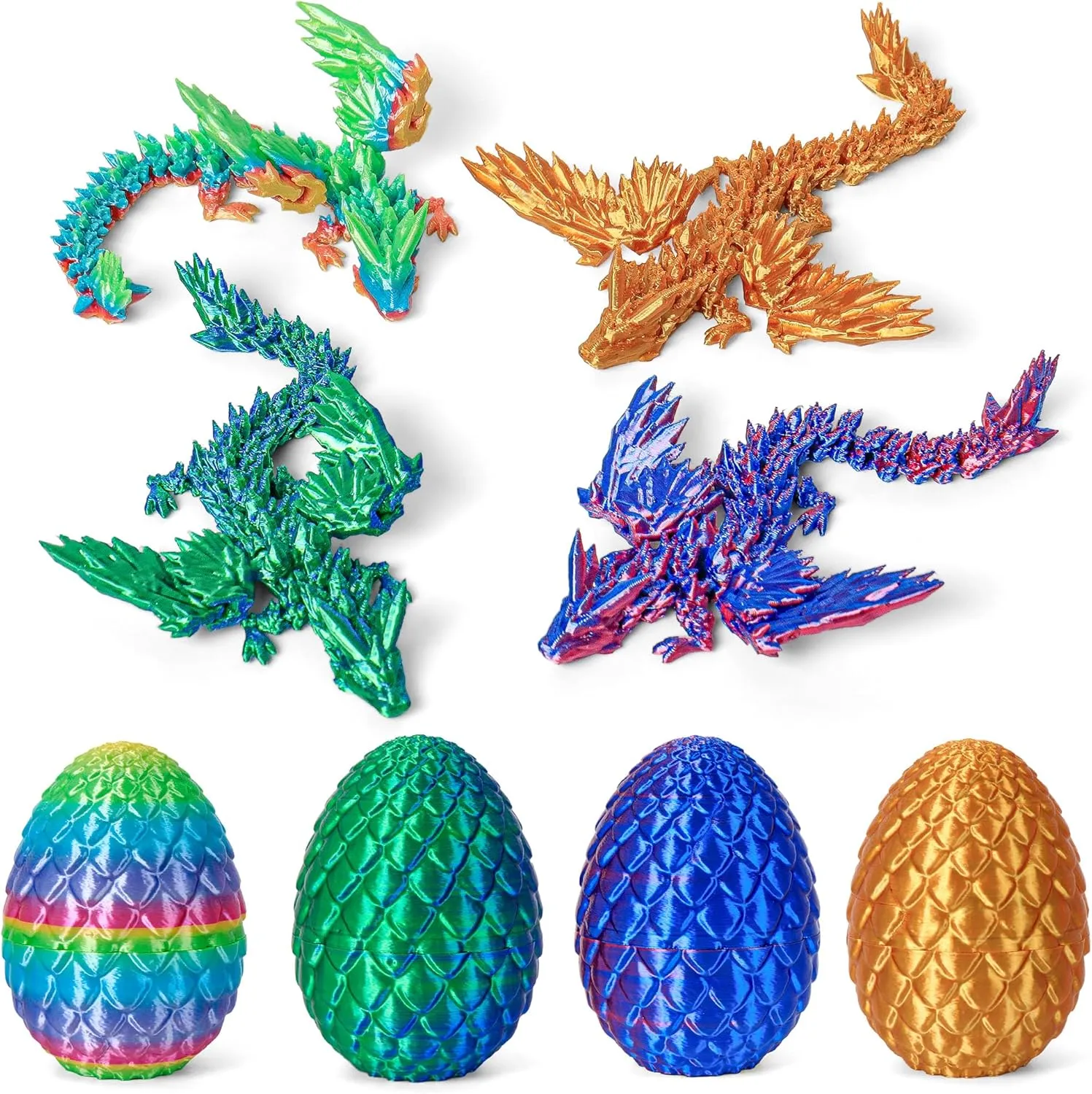 3D Printed Dragon Eggs with Dragon Inside, Easter Mystery Dragon Egg Articulated Crystal Dragon Fidget Toy, Surprise 3D Printed Dragon Egg with Wings Flying Animals Toy Easter Basket Stuffers 4PCS(A)