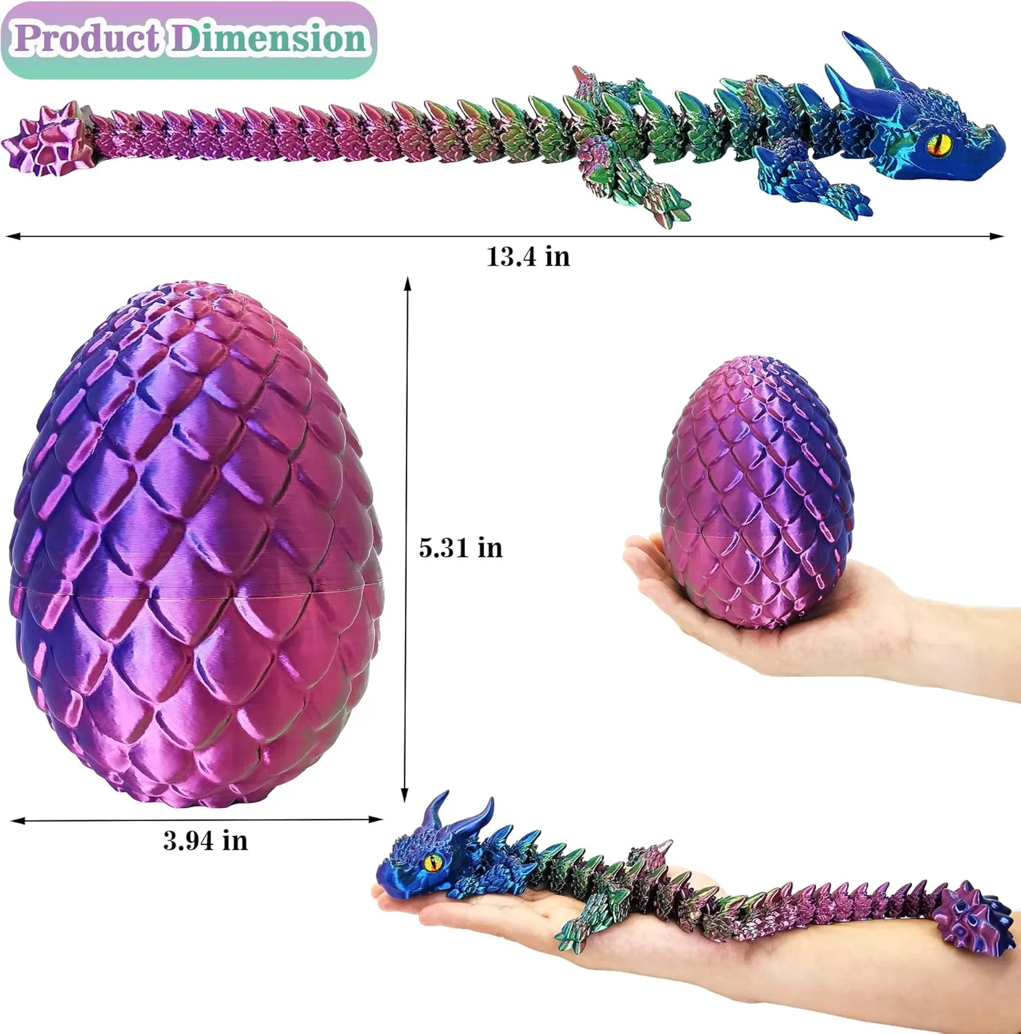3D Printed Dragon Eggs with Dragon Inside, Large Articulated Dragon Toys with Eyes, Animal Fidget Toy Easter Surprise Eggs Home Decor Executive Desk Toy, Easter Gift for Kids (Red Blue Green)