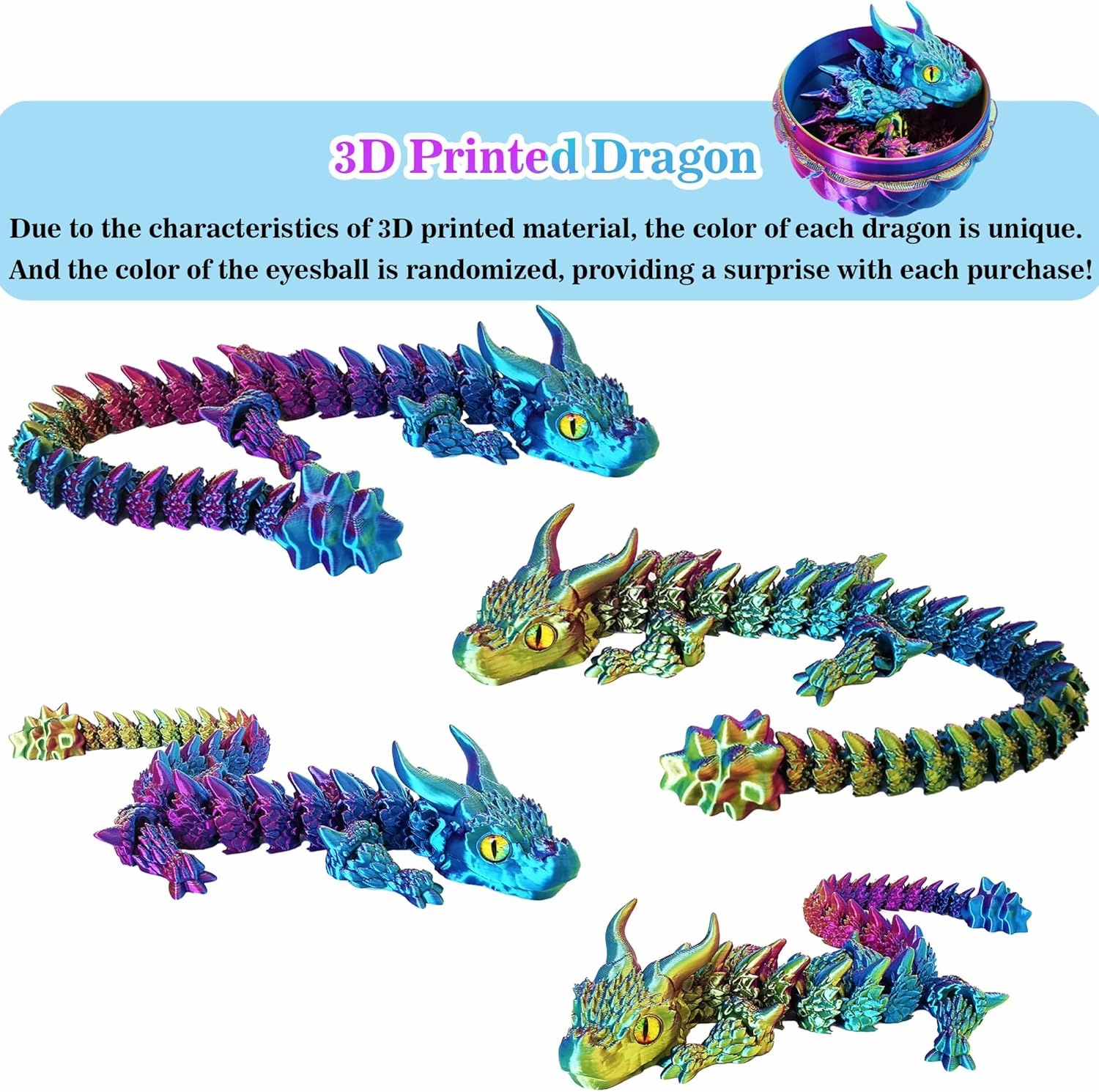 3D Printed Dragon Eggs with Dragon Inside, Large Articulated Dragons Toy with Eyes, Animal Fidget Toys Easter Surprise Eggs Home Decor Executive Desk Toy, Easter Gift for Kids (Purple Golden Blue)