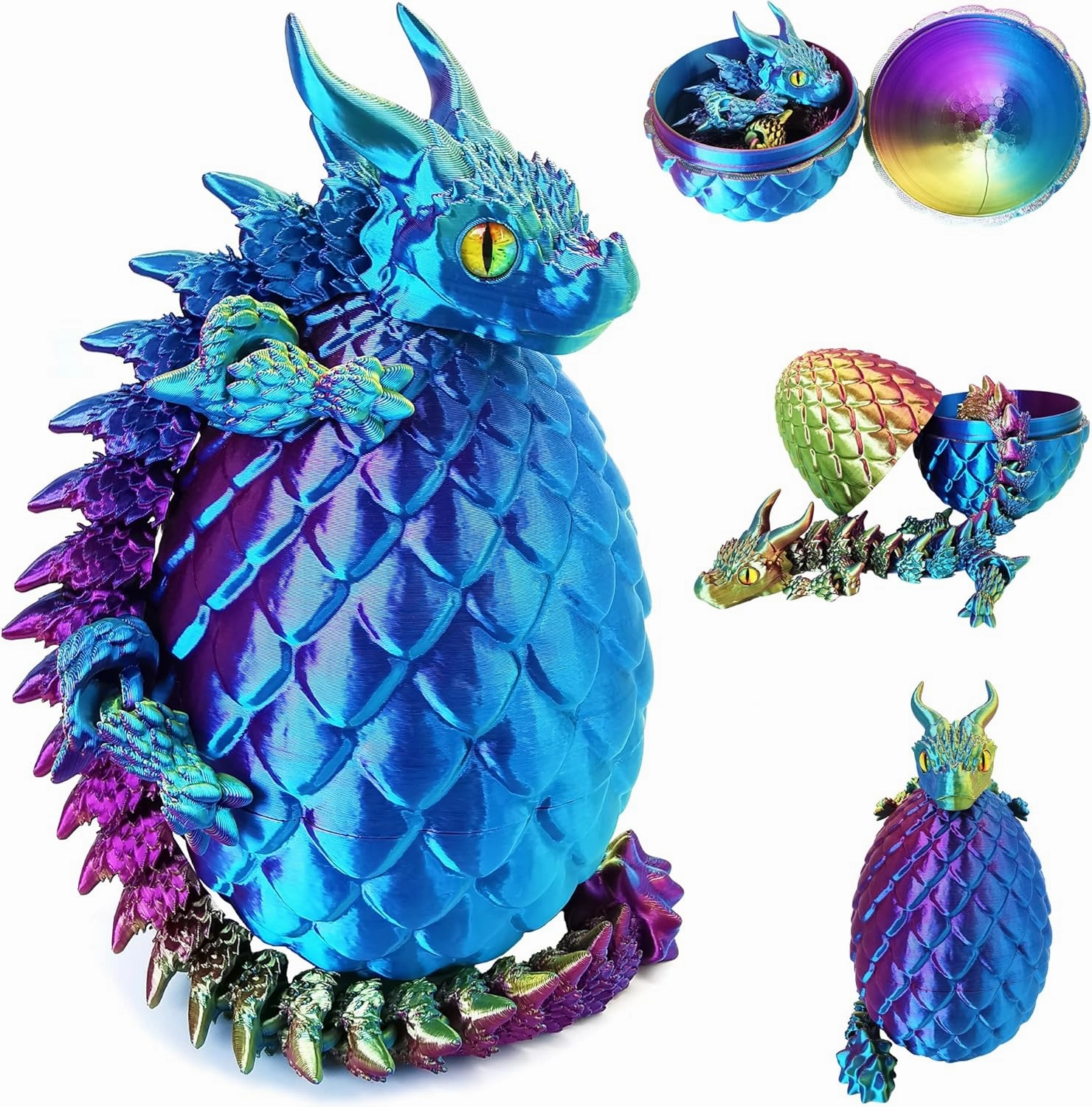 3D Printed Dragon Eggs with Dragon Inside, Large Articulated Dragons Toy with Eyes, Animal Fidget Toys Easter Surprise Eggs Home Decor Executive Desk Toy, Easter Gift for Kids (Purple Golden Blue)