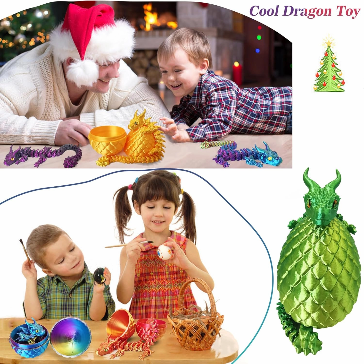 3D Printed Dragon Eggs with Dragon Inside, Large Articulated Dragons Toy with Eyes, Animal Fidget Toys Easter Surprise Eggs Home Decor Executive Desk Toy, Easter Gift for Kids (Purple Golden Blue)