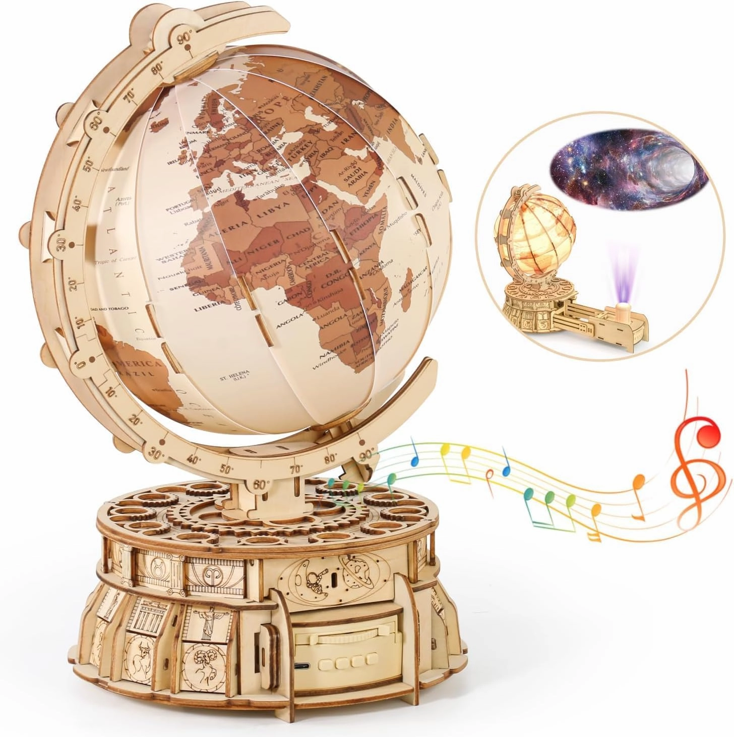 3D Wooden Globe Puzzles for Adults - 188pcs 3D Puzzles Model Kit Built-in LED Music Box with Projection Stem Toys Gifts for Adults/Teens