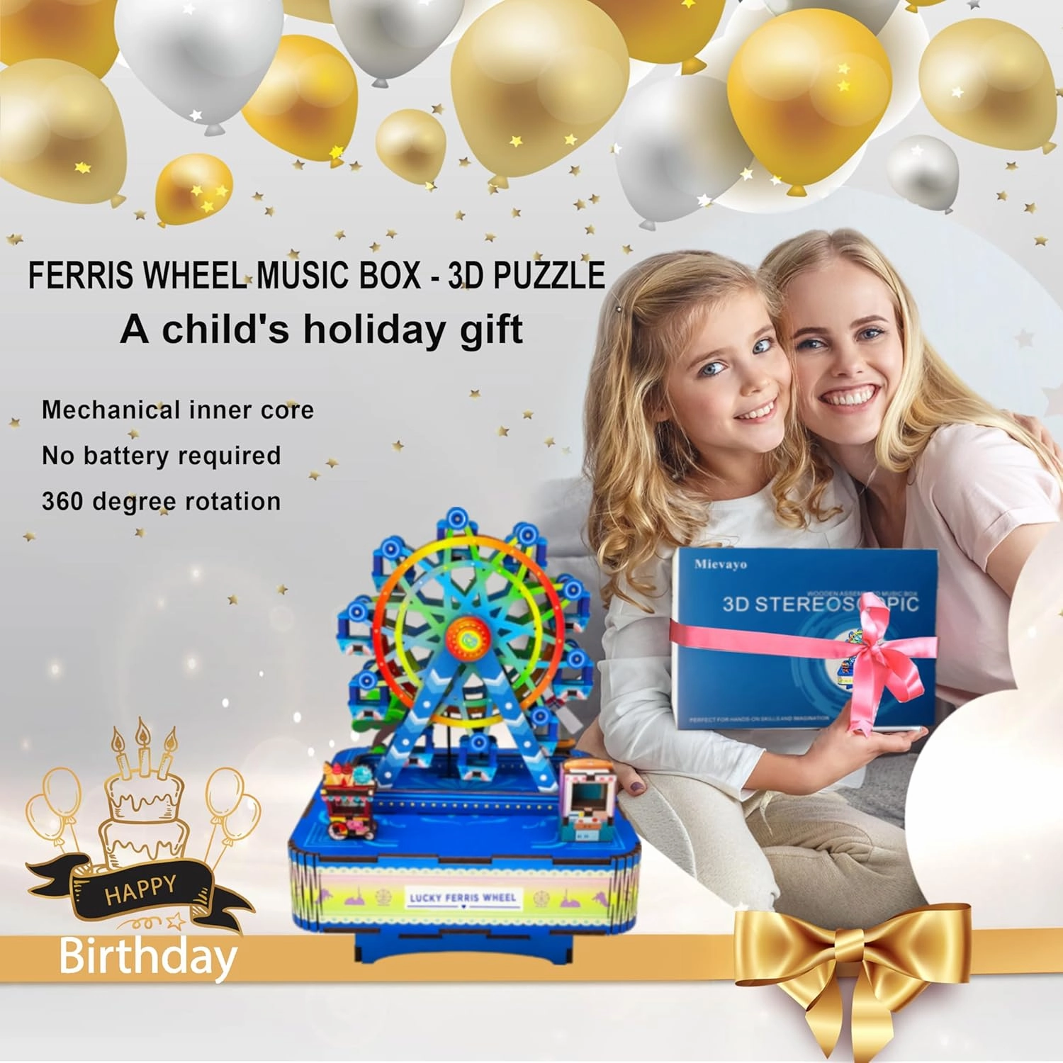 3D Wooden Puzzles Ferris Wheel DIY Rotating Music Box Kit 3D Wooden Jigsaw Puzzle Adult Teen Birthday Gifts and Toys for Kids（Lucky Ferris Wheel Music Box）