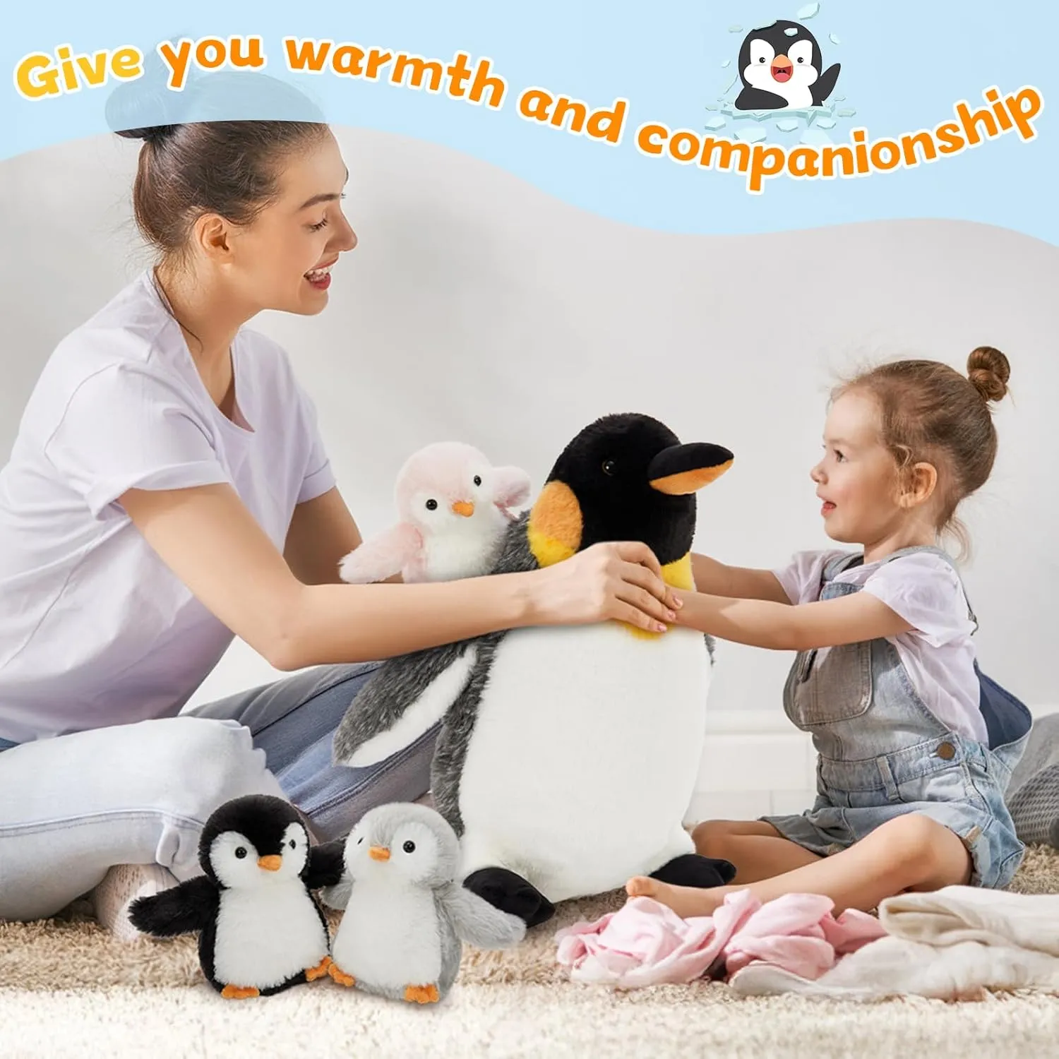 4 Pcs Penguin Plush Set, Mom Penguin Stuffed Animal with 3 Stuffed Wind Up Penguin Babies Toy in Mother Penguin's Belly, Christmas Birthday Gift for Kids Girls Boys, Animal Theme Party Decor