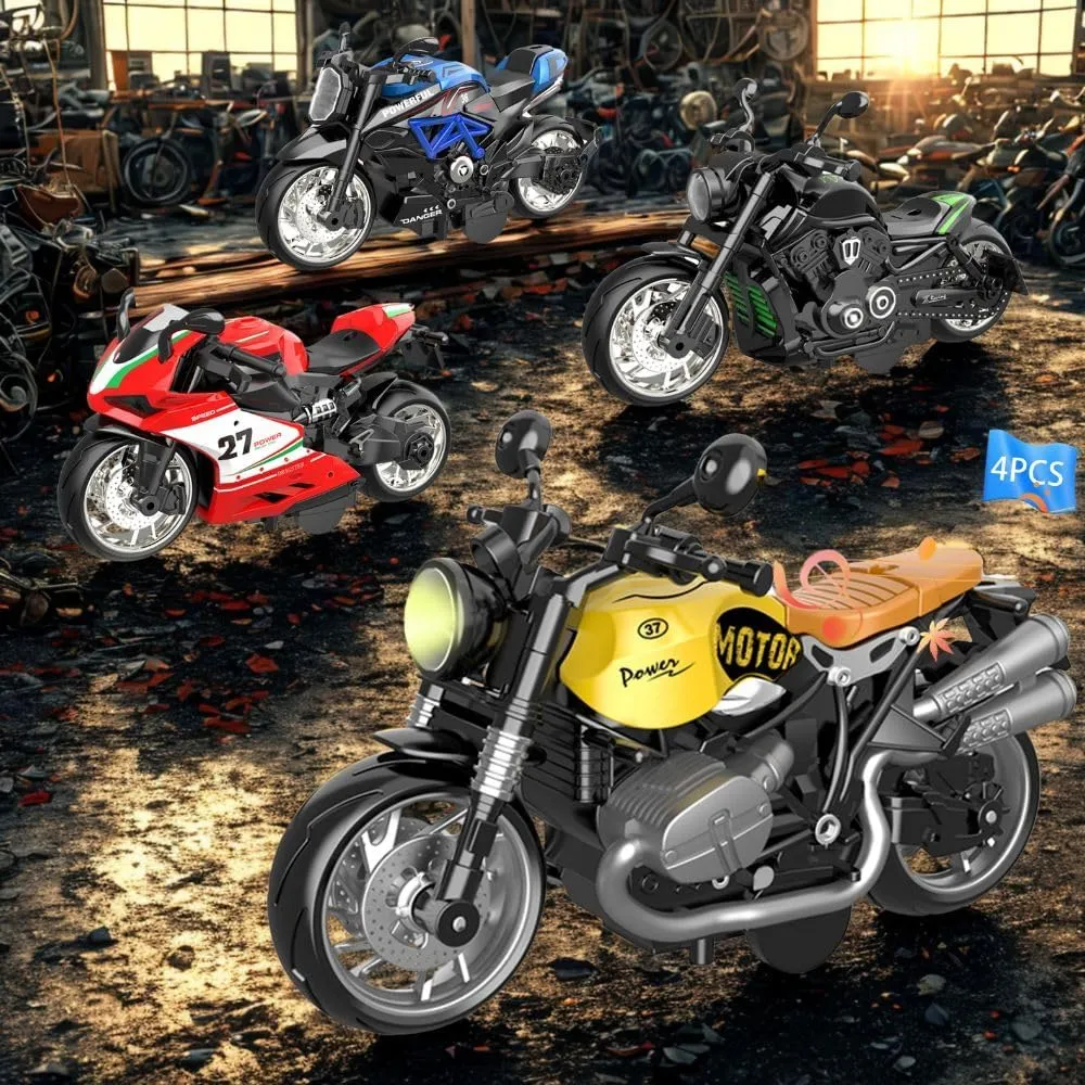 4-Piece Light Up Sound Motorcycle Toy Set with Lights & Sounds - Pull Back Alloy Vehicles, Interactive Features for Kids & Adults Ages 3 ​