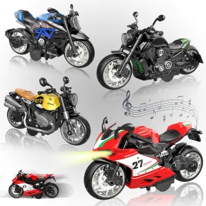 4-Piece Light Up Sound Motorcycle Toy Set with Lights & Sounds - Pull Back Alloy Vehicles, Interactive Features for Kids & Adults Ages 3 ​