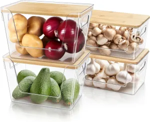 4 Set Potato Onion Storage Containers and Pantry Organizers Bin BPA-Free, Stackable Clear Plastic Storage Basket with Lid & Handle for Kitchen Counter, Cabinet, Fridge for Fruit, Vegetable, Produce