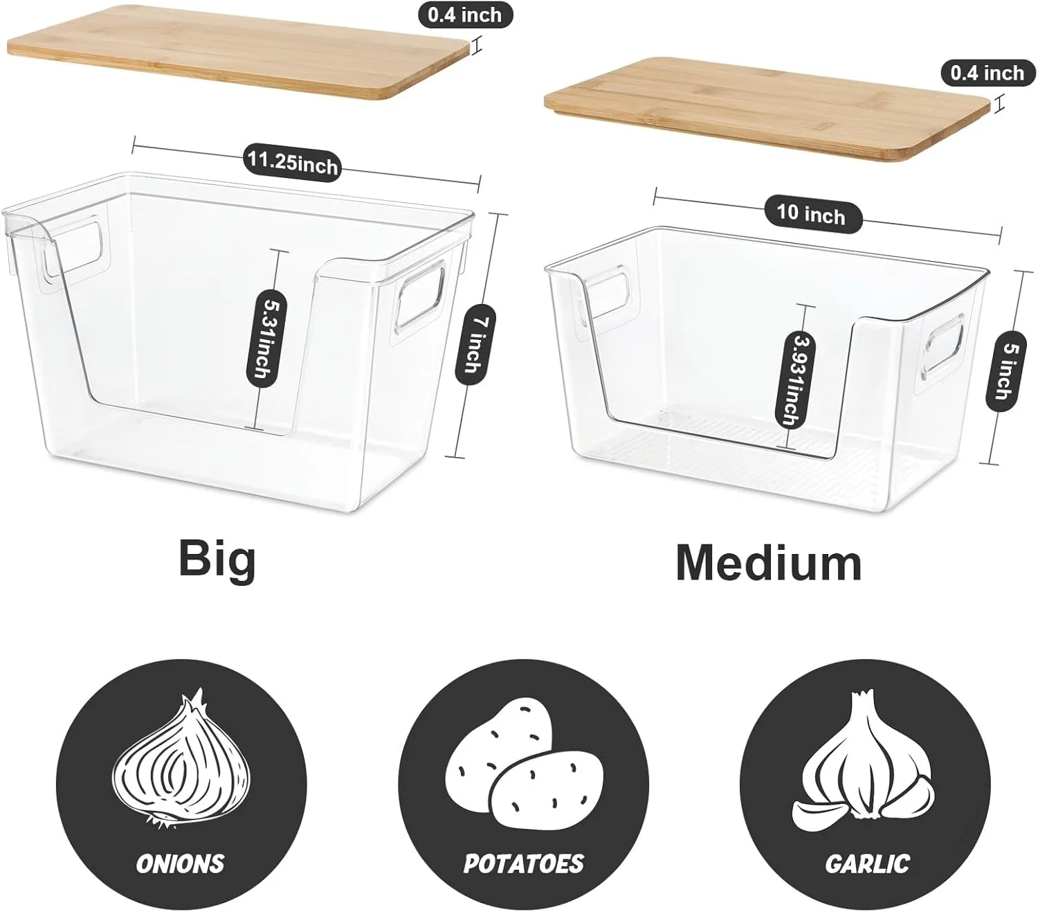 4 Set Potato Onion Storage Containers and Pantry Organizers Bin BPA-Free, Stackable Clear Plastic Storage Basket with Lid & Handle for Kitchen Counter, Cabinet, Fridge for Fruit, Vegetable, Produce