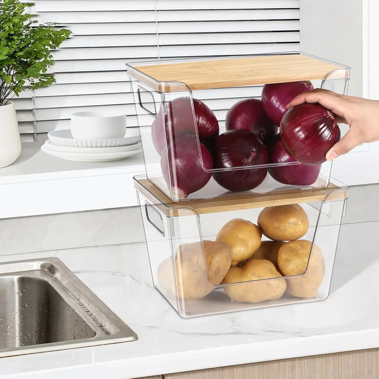 4 Set Potato Onion Storage Containers and Pantry Organizers Bin BPA-Free, Stackable Clear Plastic Storage Basket with Lid & Handle for Kitchen Counter, Cabinet, Fridge for Fruit, Vegetable, Produce
