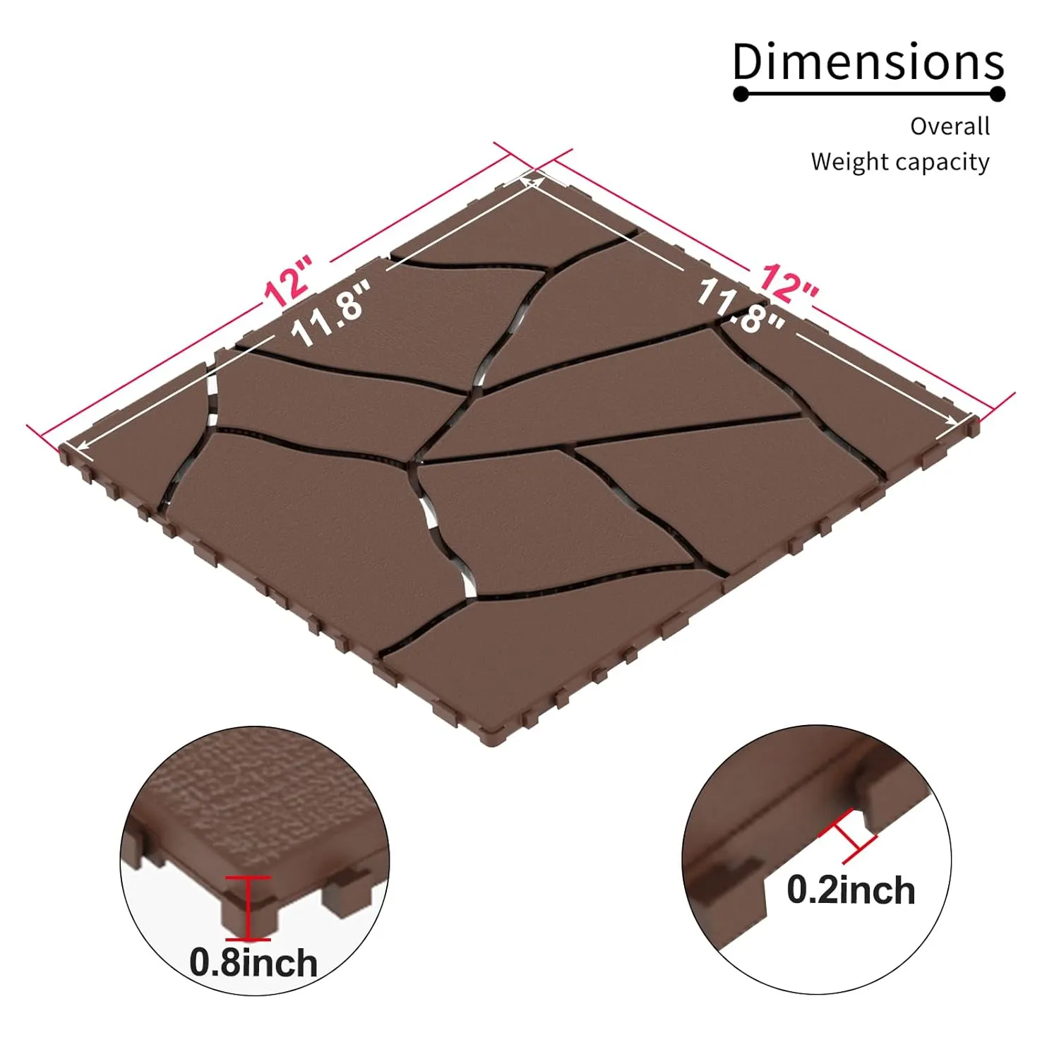 44-Pack Plastic Interlocking Deck Tiles, 12"x12"x0.8", Waterproof & Durable Outdoor Flooring for Patios, Balconies, Bathrooms – Easy DIY Installation, Multiple Combinations (Brown-Stone Style)