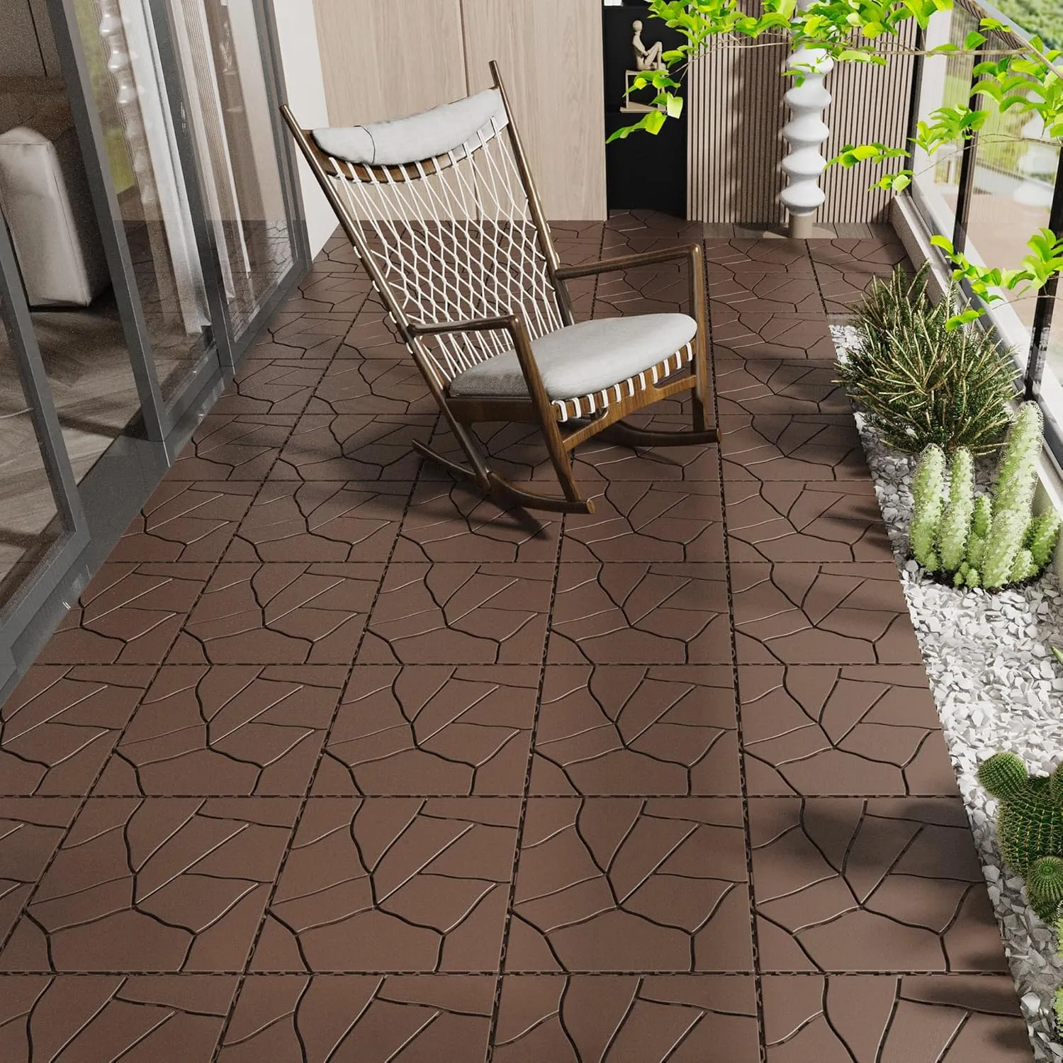 44-Pack Plastic Interlocking Deck Tiles, 12"x12"x0.8", Waterproof & Durable Outdoor Flooring for Patios, Balconies, Bathrooms – Easy DIY Installation, Multiple Combinations (Brown-Stone Style)