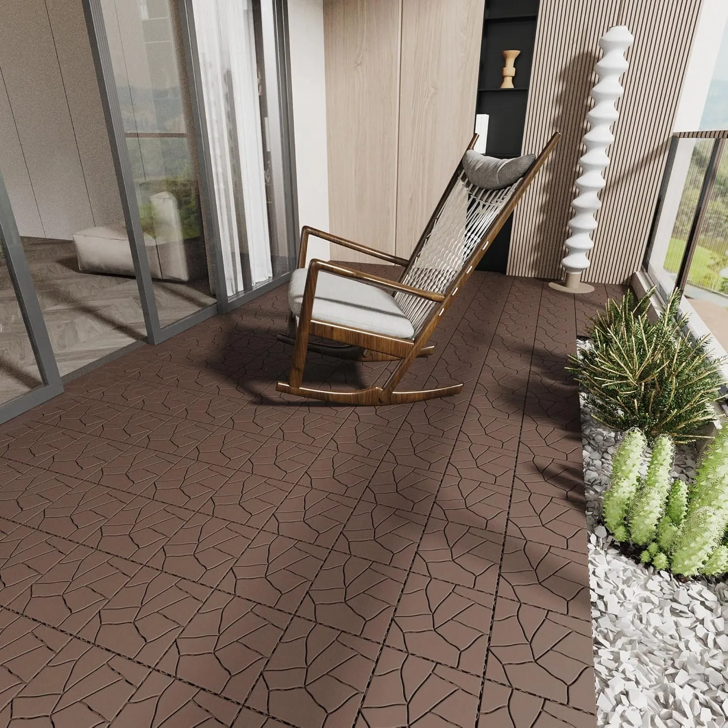 44-Pack Plastic Interlocking Deck Tiles, 12"x12"x0.8", Waterproof & Durable Outdoor Flooring for Patios, Balconies, Bathrooms – Easy DIY Installation, Multiple Combinations (Brown-Stone Style)