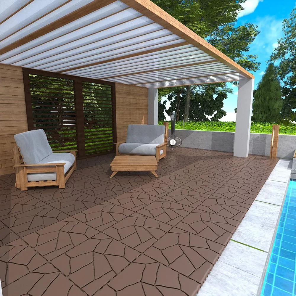 44-Pack Plastic Interlocking Deck Tiles, 12"x12"x0.8", Waterproof & Durable Outdoor Flooring for Patios, Balconies, Bathrooms – Easy DIY Installation, Multiple Combinations (Brown-Stone Style)