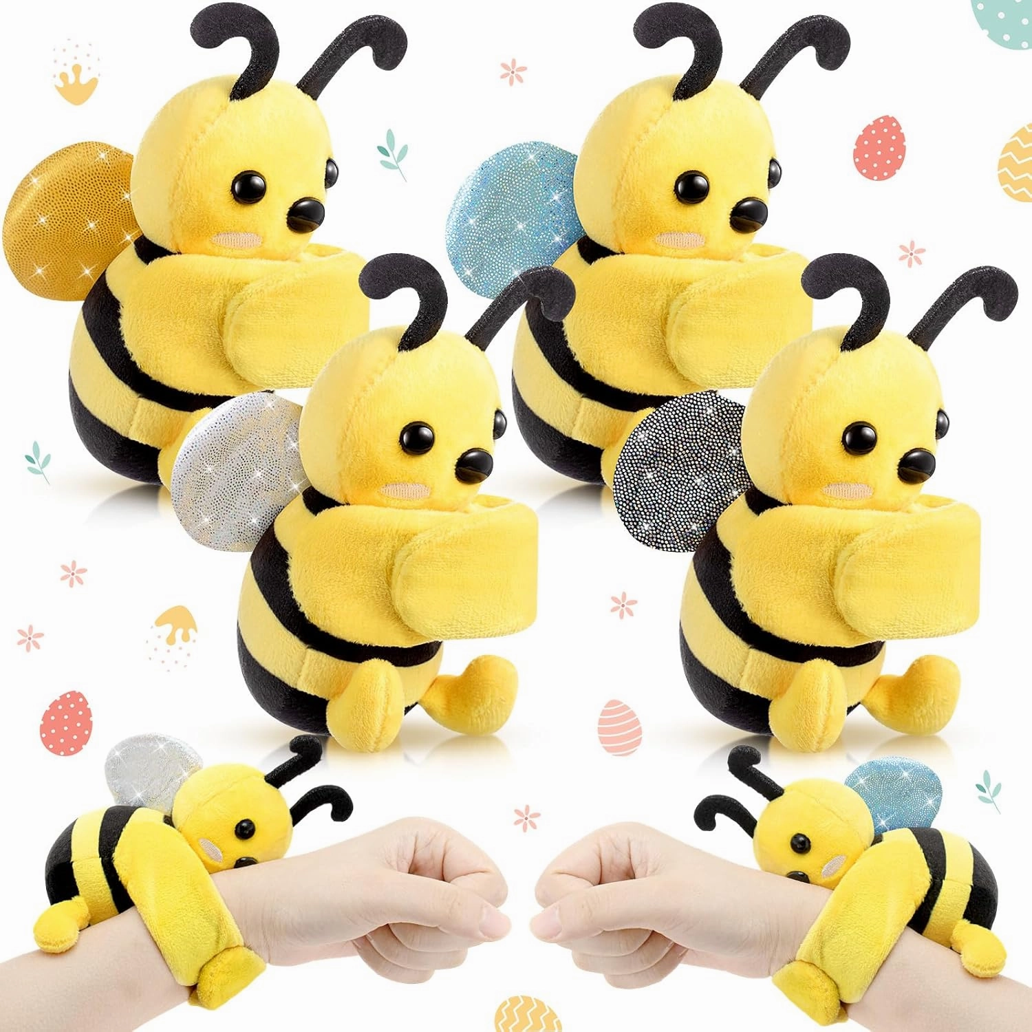 4 Pcs Bee Stuffed Animal Plushie Slap Bracelet Honeybee Animal Toy for Kids Bee Bracelet Bulk Bee Wristbands for Girls and Boys Birthday Gifts Party Favors