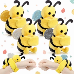 4 Pcs Bee Stuffed Animal Plushie Slap Bracelet Honeybee Animal Toy for Kids Bee Bracelet Bulk Bee Wristbands for Girls and Boys Birthday Gifts Party Favors