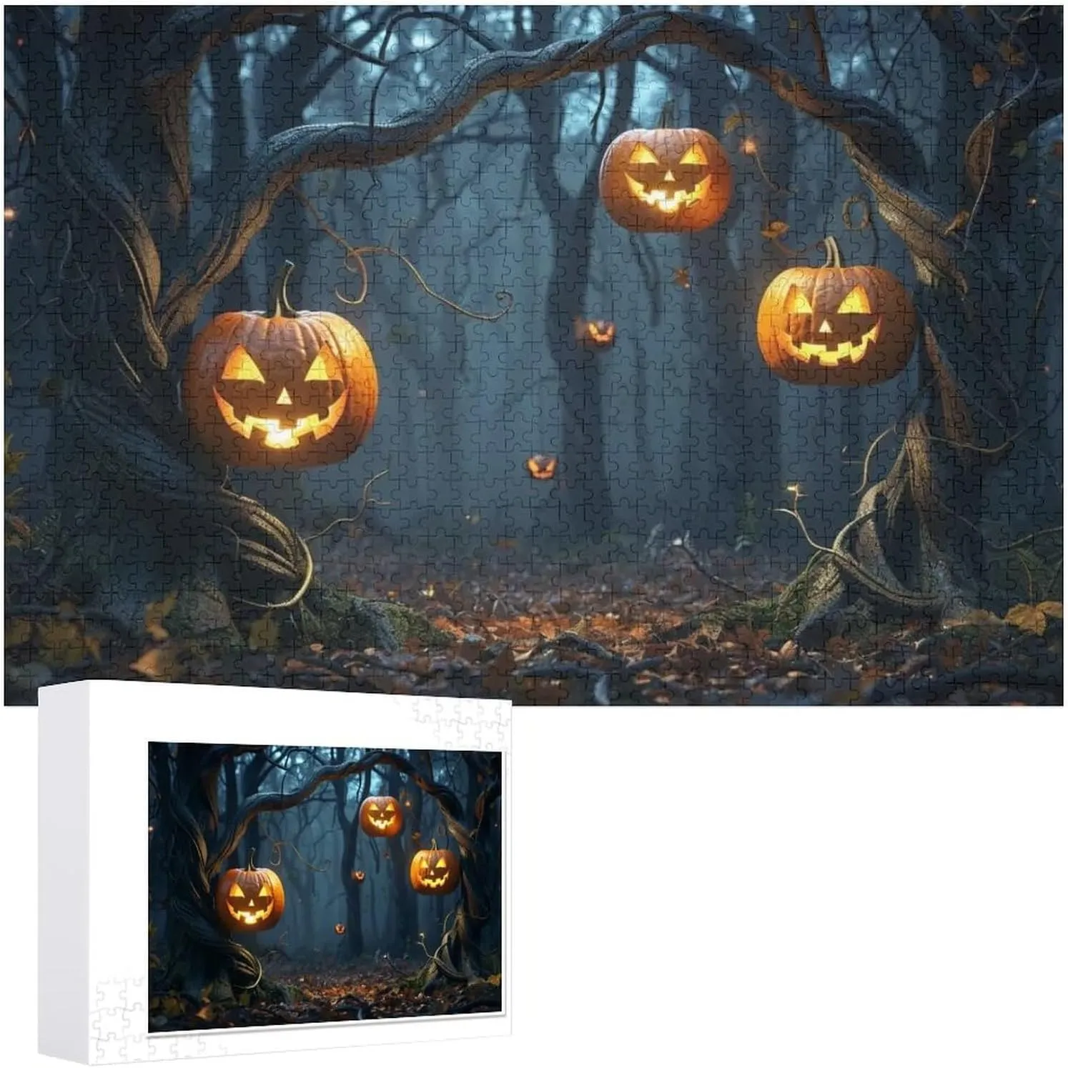 500 Pieces Puzzle for Adult Twisted Vines with Glowing Jack O Lanterns Wooden Jigsaw Puzzles Challenging Educational Fun Interactive Toys for Women Men 20.5x15 Inch